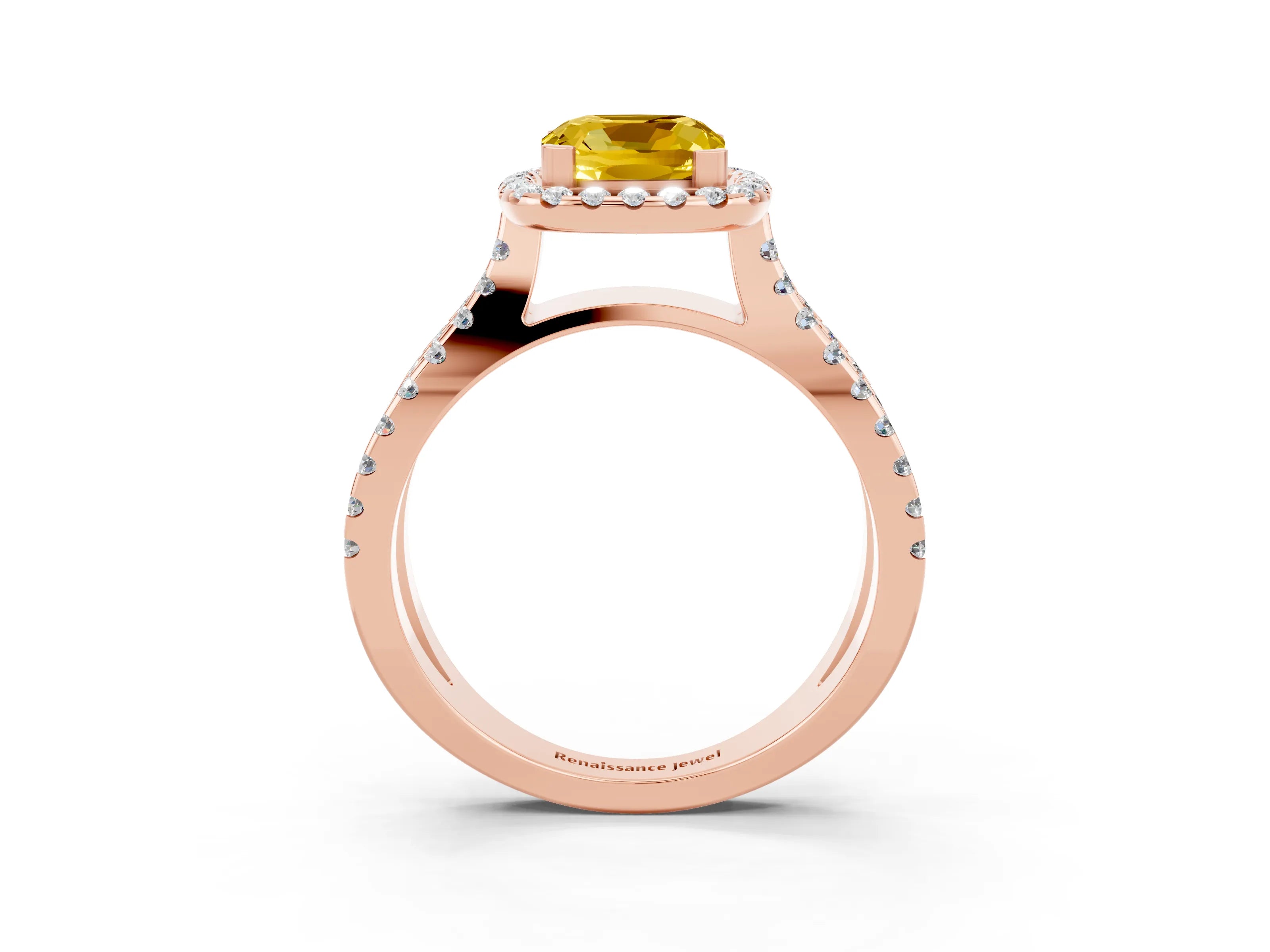 Rose gold Cushion Cut Yellow Sapphire Halo Ring with Split Shank Pavé Band and Prong Setting_15
