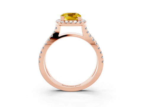 Rose gold Cushion Cut Yellow Sapphire Halo Ring with Split Shank Pavé Band and Prong Setting_15