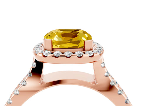 Rose gold Cushion Cut Yellow Sapphire Halo Ring with Split Shank Pavé Band and Prong Setting_16