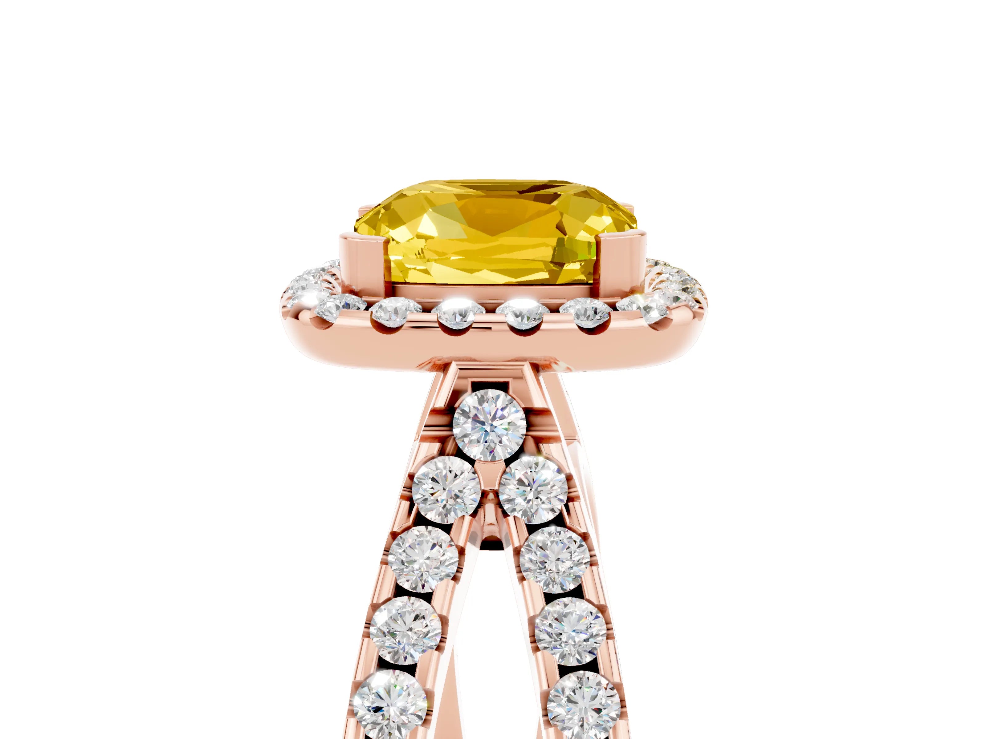 Rose gold Cushion Cut Yellow Sapphire Halo Ring with Split Shank Pavé Band and Prong Setting_17