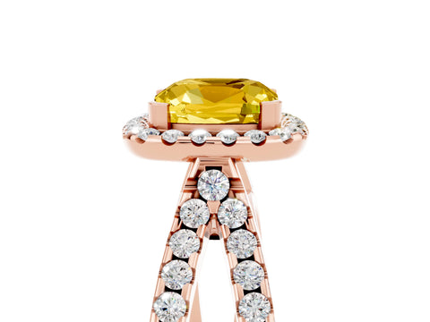 Rose gold Cushion Cut Yellow Sapphire Halo Ring with Split Shank Pavé Band and Prong Setting_17