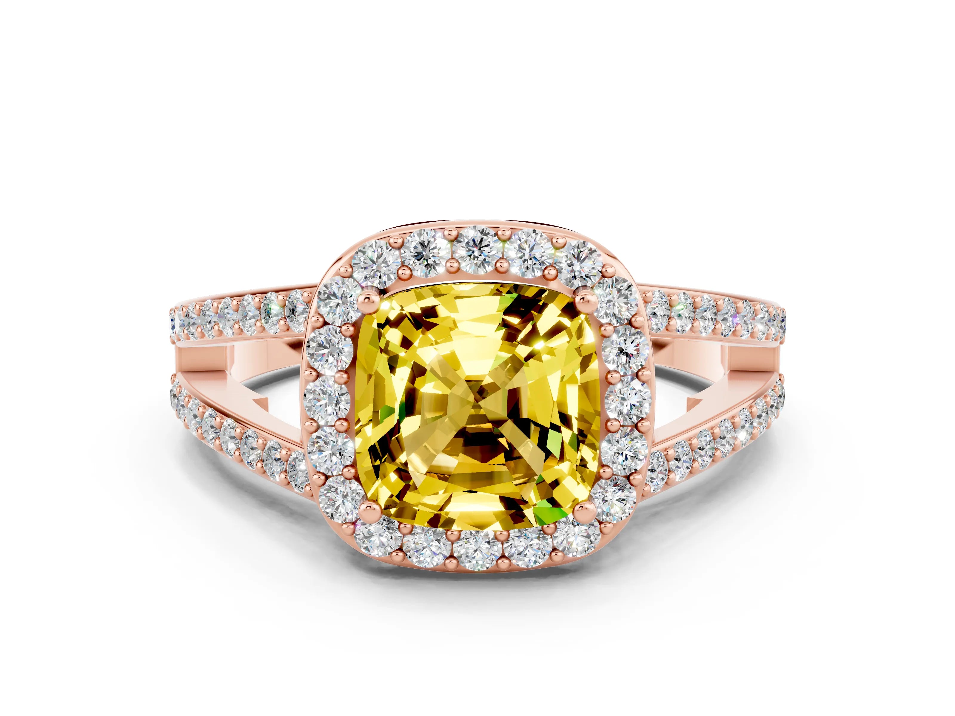 Rose gold Cushion Cut Yellow Sapphire Halo Ring with Split Shank U-Prong Band and Four-Prong Setting