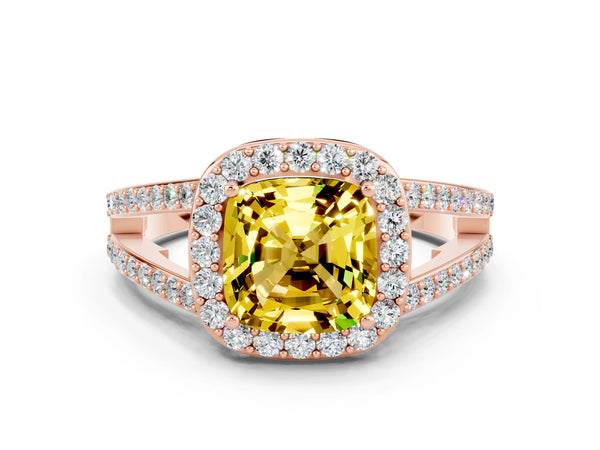 Rose gold Cushion Cut Yellow Sapphire Halo Ring with Split Shank U-Prong Band and Four-Prong Setting