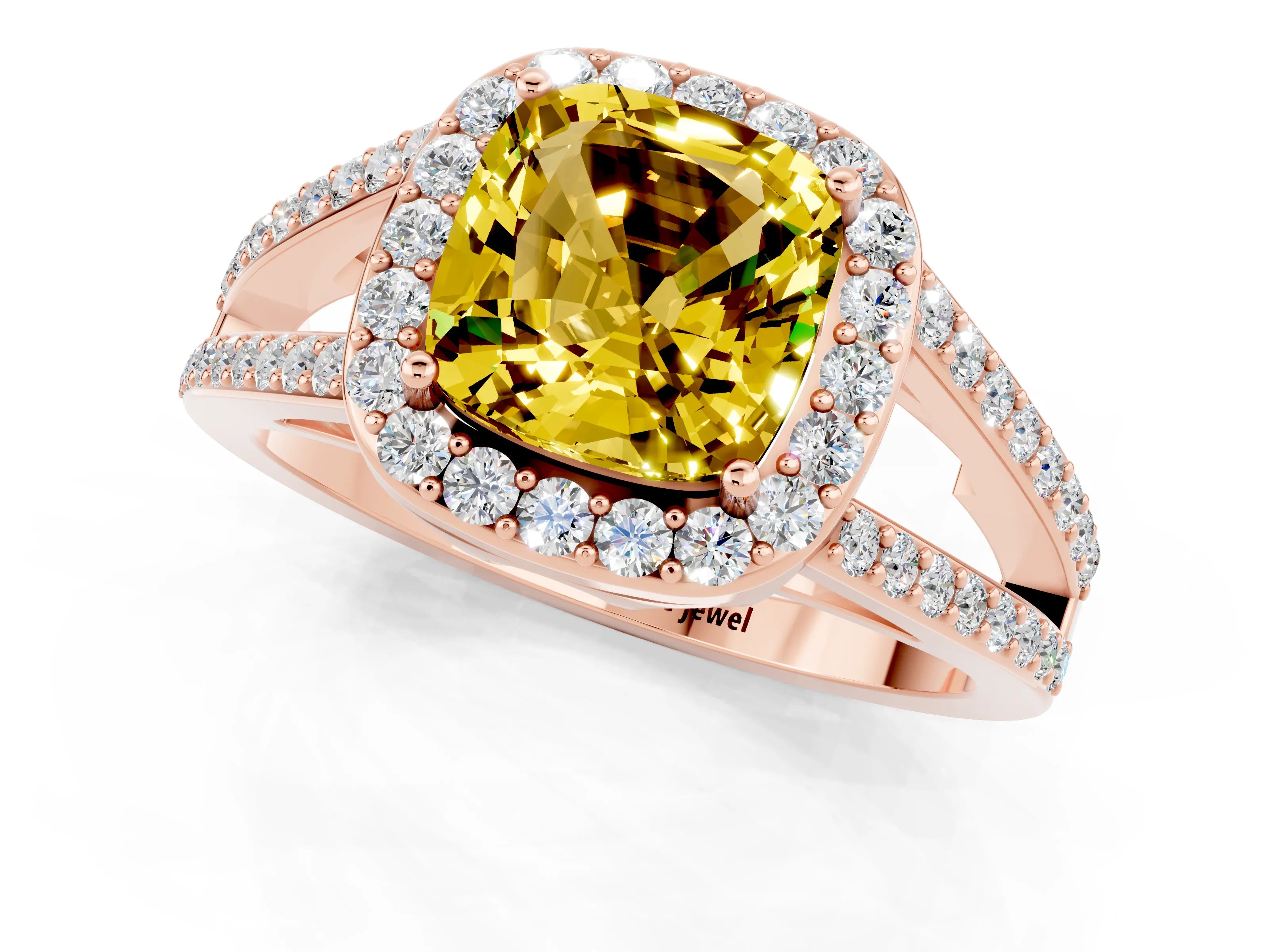 Rose gold Cushion Cut Yellow Sapphire Halo Ring with Split Shank U-Prong Band and Four-Prong Setting_1