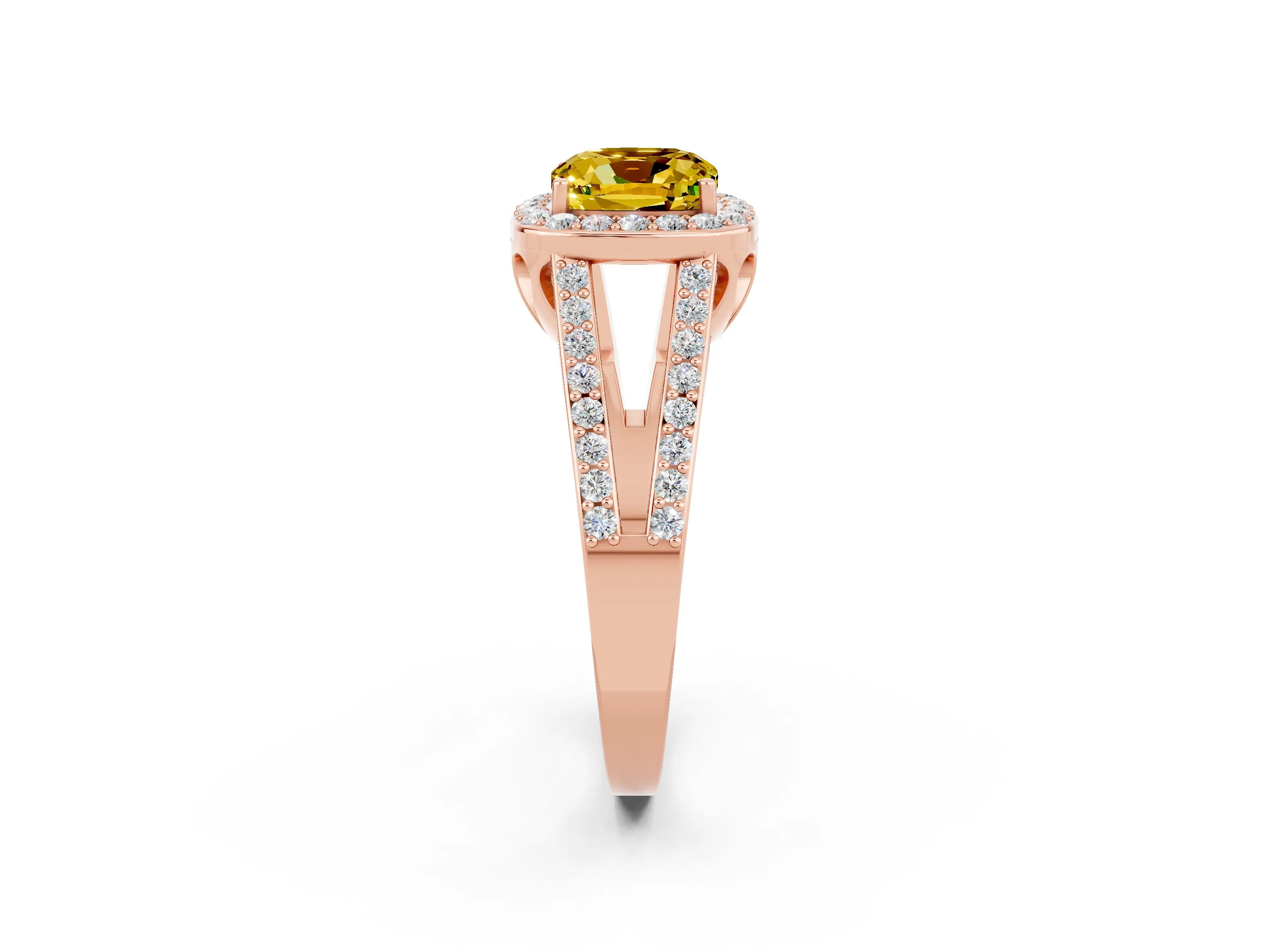 Rose gold Cushion Cut Yellow Sapphire Halo Ring with Split Shank U-Prong Band and Four-Prong Setting_2