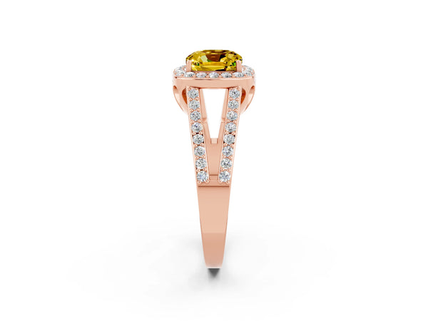 Rose gold Cushion Cut Yellow Sapphire Halo Ring with Split Shank U-Prong Band and Four-Prong Setting
