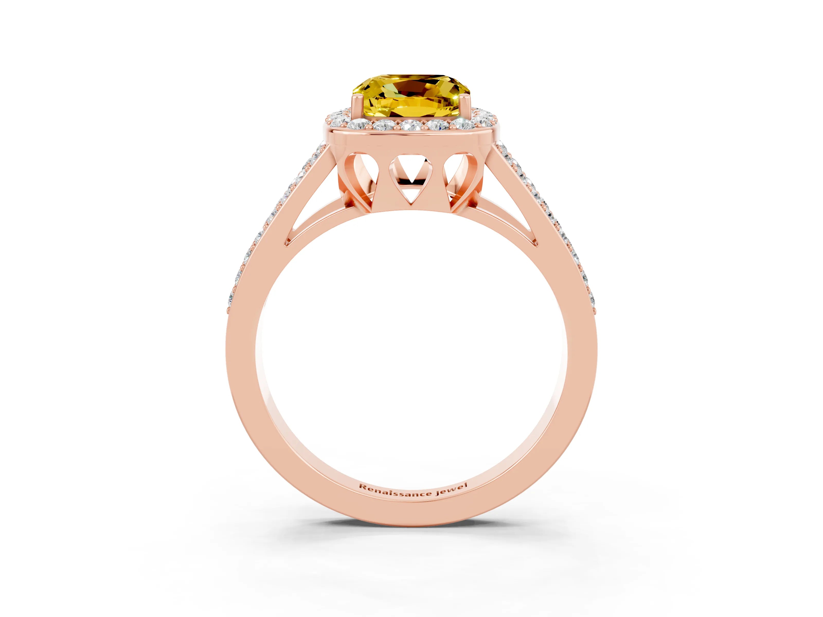 Rose gold Cushion Cut Yellow Sapphire Halo Ring with Split Shank U-Prong Band and Four-Prong Setting_3