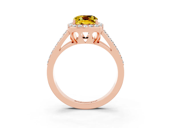 Rose gold Cushion Cut Yellow Sapphire Halo Ring with Split Shank U-Prong Band and Four-Prong Setting
