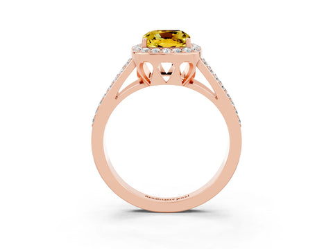 Rose gold Cushion Cut Yellow Sapphire Halo Ring with Split Shank U-Prong Band and Four-Prong Setting_3