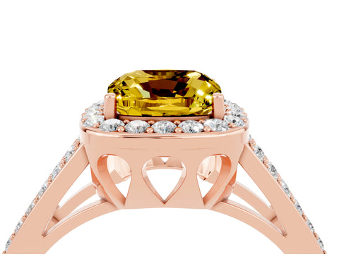Rose gold Cushion Cut Yellow Sapphire Halo Ring with Split Shank U-Prong Band and Four-Prong Setting_4