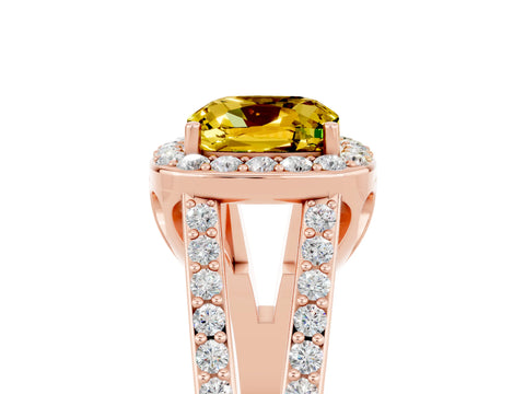 Rose gold Cushion Cut Yellow Sapphire Halo Ring with Split Shank U-Prong Band and Four-Prong Setting_5