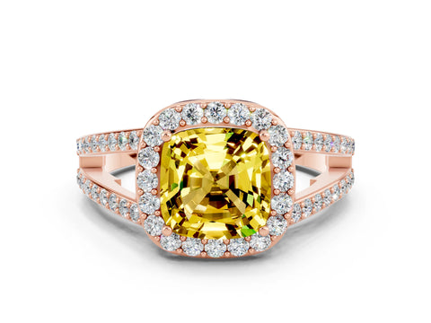 Rose gold Cushion Cut Yellow Sapphire Halo Ring with Split Shank U-Prong Band and Four-Prong Setting
