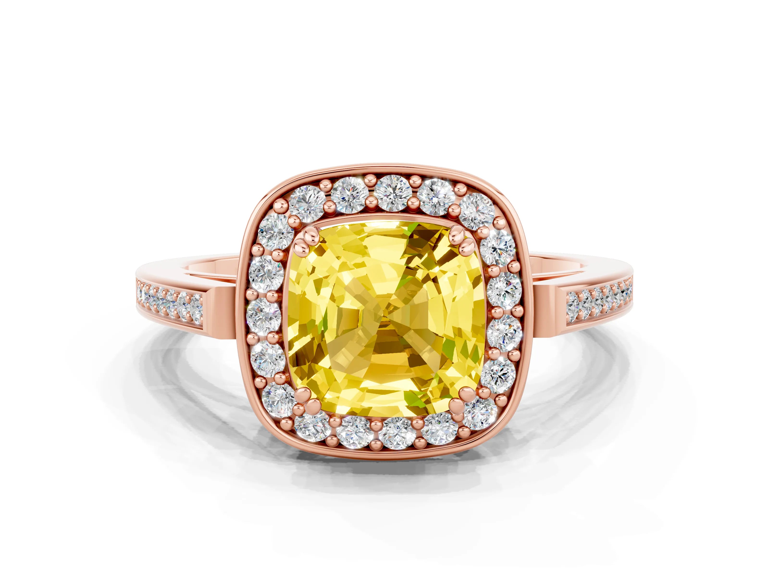 Rose gold Cushion Cut Yellow Sapphire Halo Ring with Split Shank and Four-Prong Setting_19