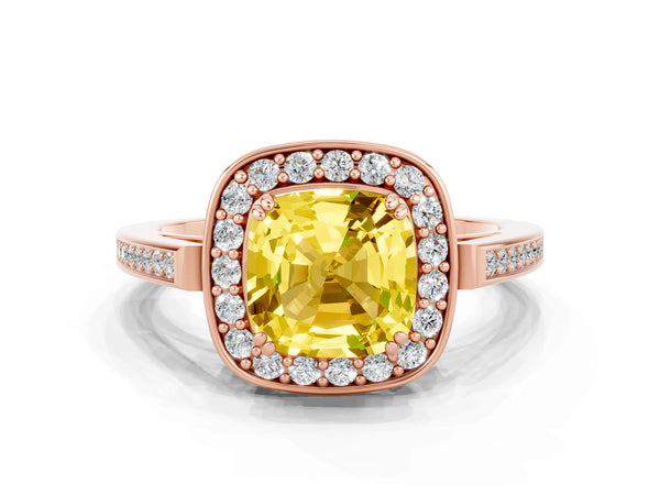 Rose gold Cushion Cut Yellow Sapphire Halo Ring with Split Shank and Four-Prong Setting