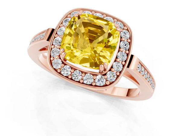Rose gold Cushion Cut Yellow Sapphire Halo Ring with Split Shank and Four-Prong Setting