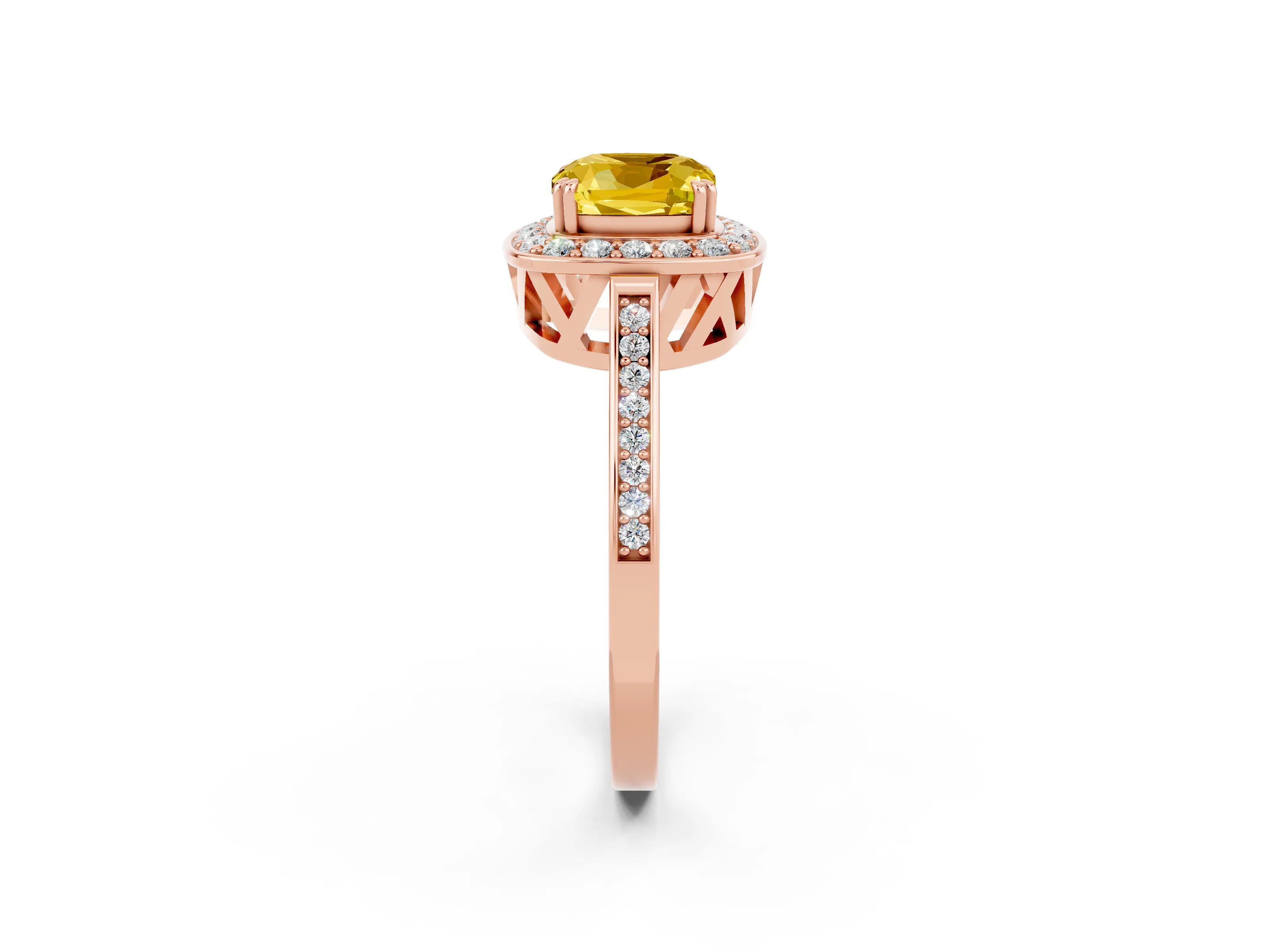 Rose gold Cushion Cut Yellow Sapphire Halo Ring with Split Shank and Four-Prong Setting_21