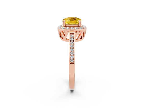 Rose gold Cushion Cut Yellow Sapphire Halo Ring with Split Shank and Four-Prong Setting