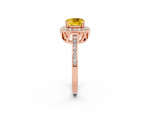 Rose gold Cushion Cut Yellow Sapphire Halo Ring with Split Shank and Four-Prong Setting_21