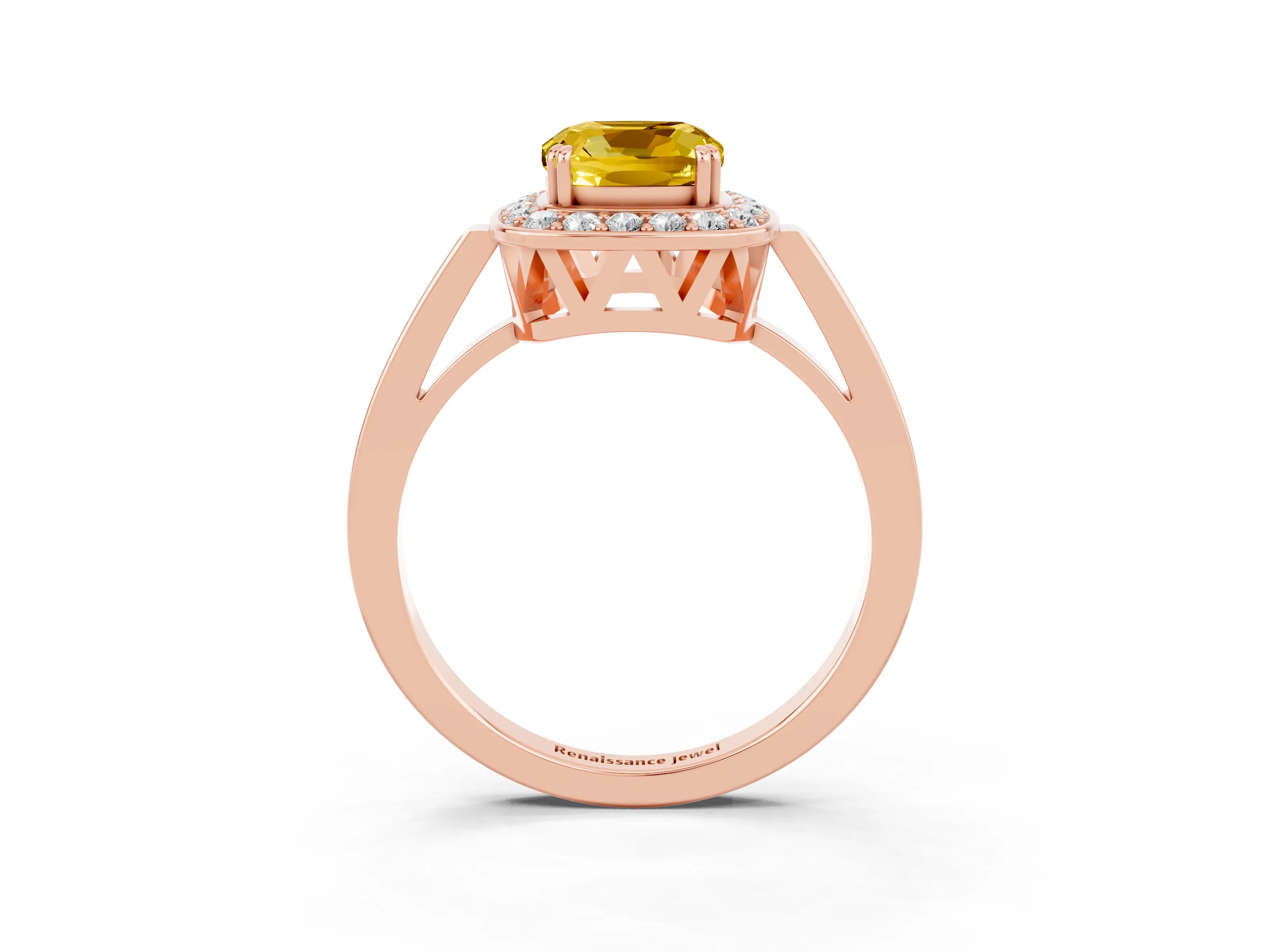 Rose gold Cushion Cut Yellow Sapphire Halo Ring with Split Shank and Four-Prong Setting_22