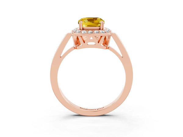 Rose gold Cushion Cut Yellow Sapphire Halo Ring with Split Shank and Four-Prong Setting