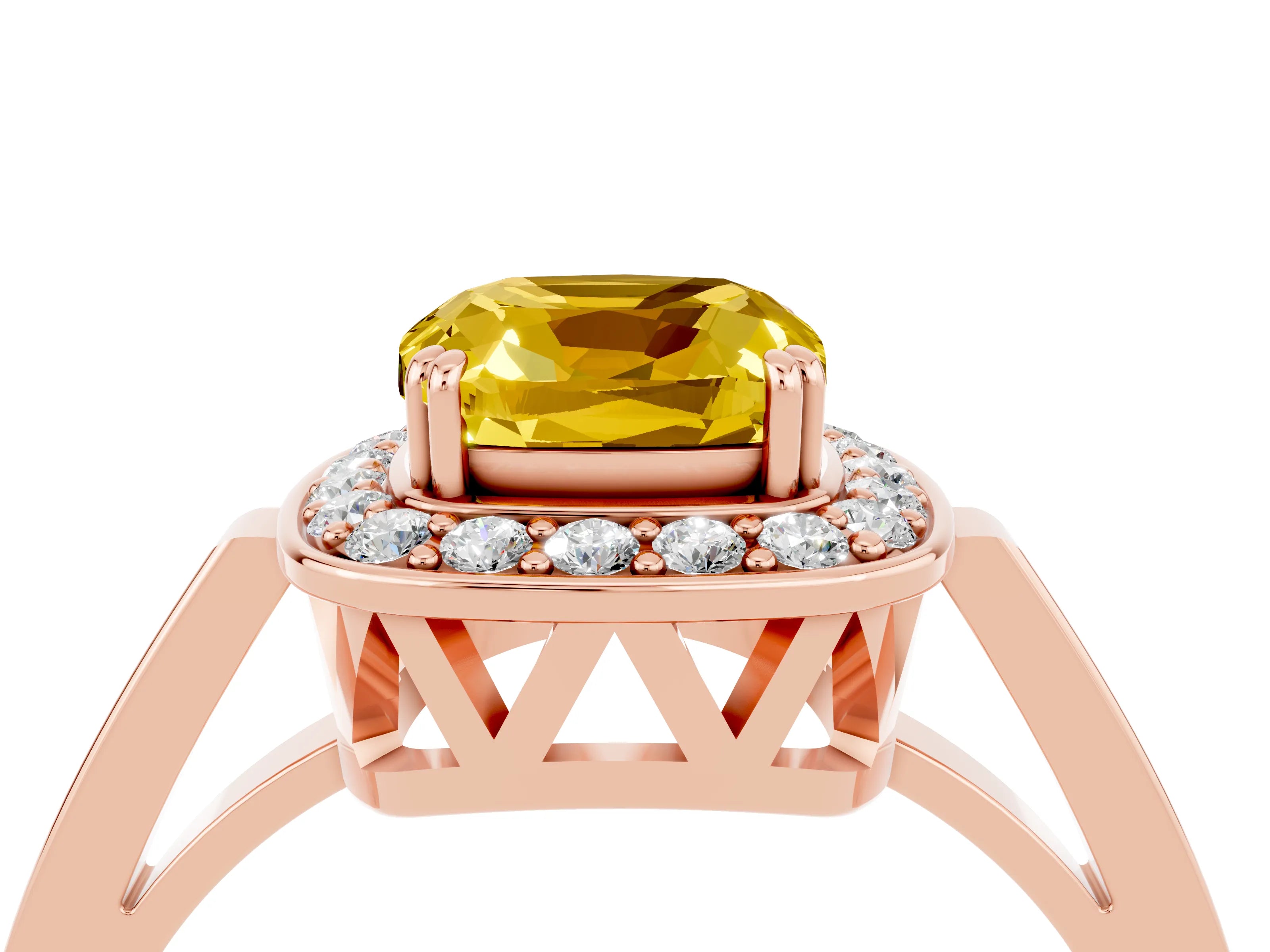 Rose gold Cushion Cut Yellow Sapphire Halo Ring with Split Shank and Four-Prong Setting_23