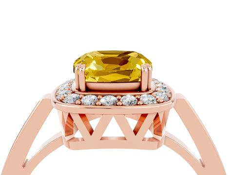 Rose gold Cushion Cut Yellow Sapphire Halo Ring with Split Shank and Four-Prong Setting_23