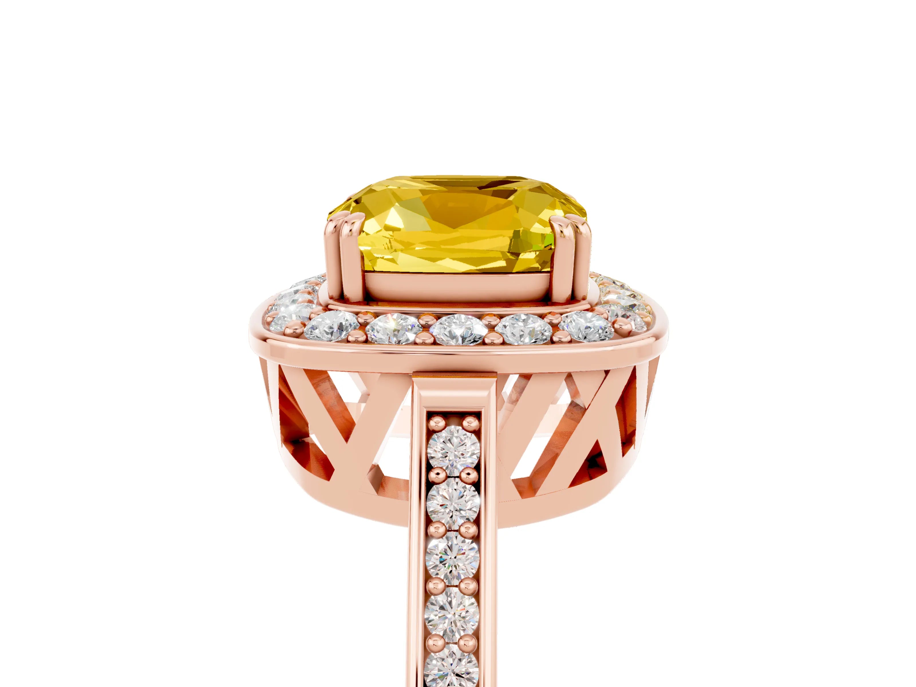 Rose gold Cushion Cut Yellow Sapphire Halo Ring with Split Shank and Four-Prong Setting_24