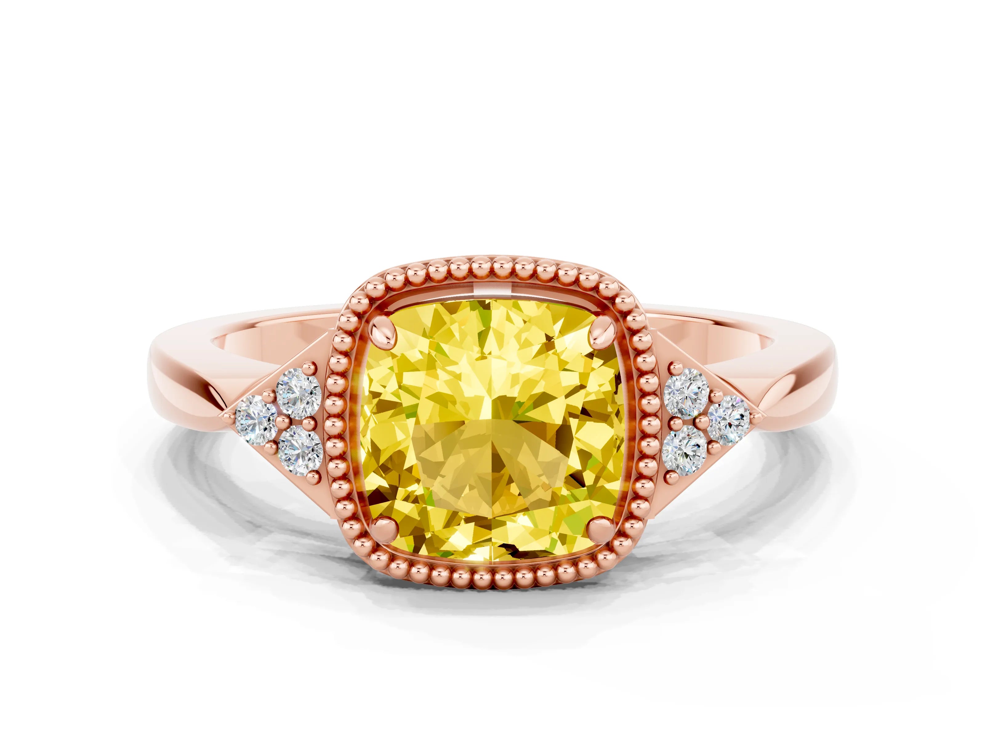 Rose gold Cushion Cut Yellow Sapphire Halo Ring with Tapered Band and Four-Prong Setting