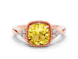 Rose gold Cushion Cut Yellow Sapphire Halo Ring with Tapered Band and Four-Prong Setting