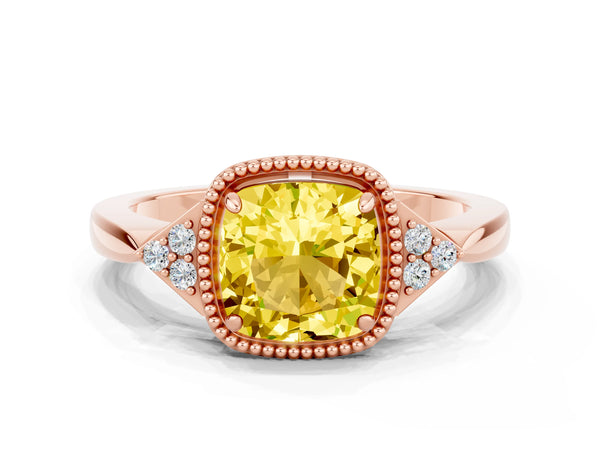 Rose gold Cushion Cut Yellow Sapphire Halo Ring with Tapered Band and Four-Prong Setting