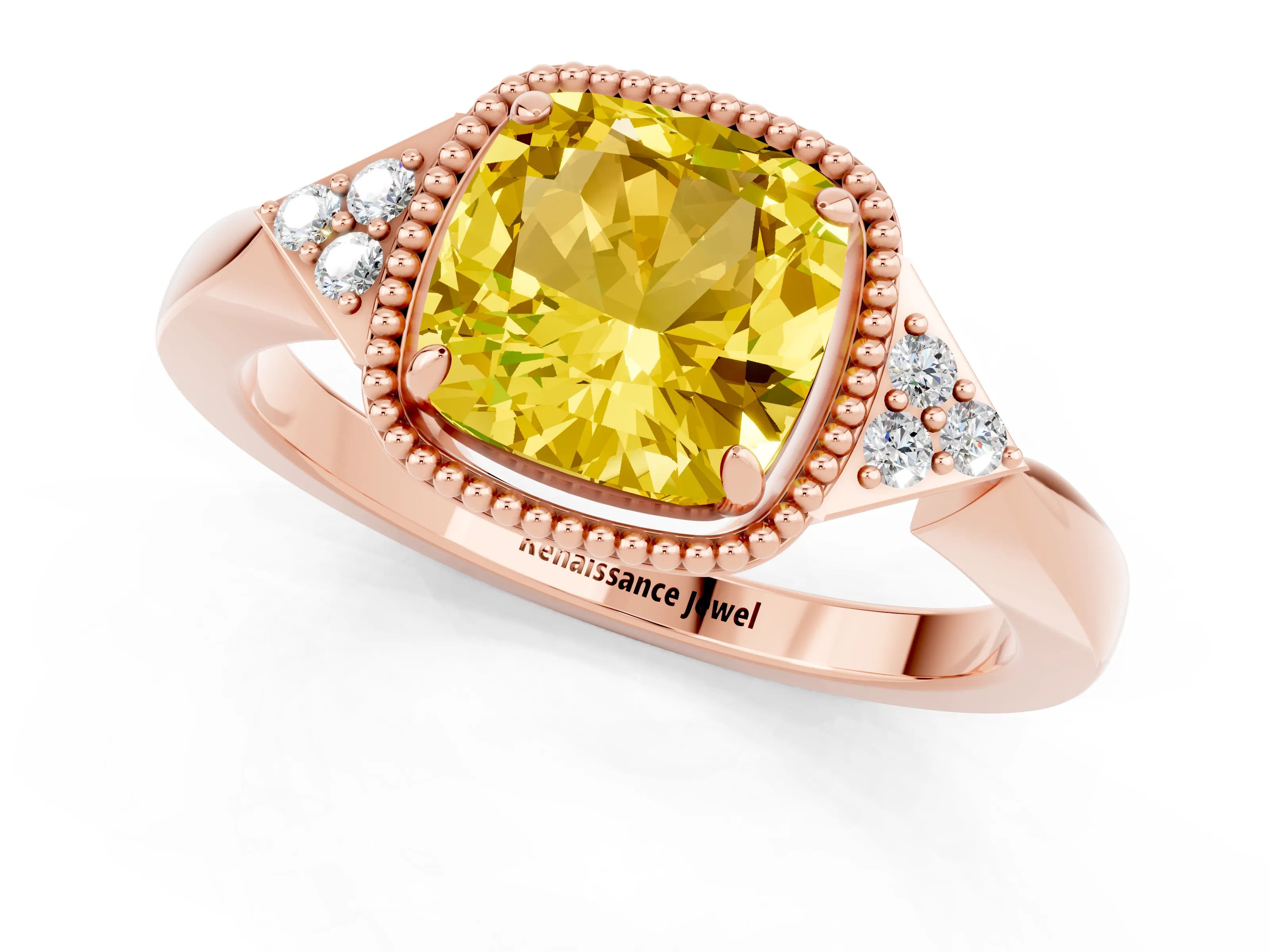 Rose gold Cushion Cut Yellow Sapphire Halo Ring with Tapered Band and Four-Prong Setting_1
