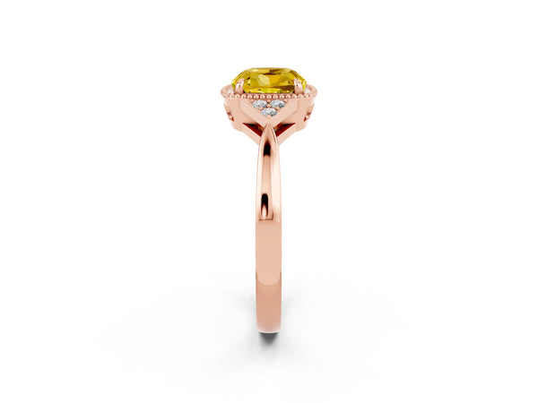 Rose gold Cushion Cut Yellow Sapphire Halo Ring with Tapered Band and Four-Prong Setting