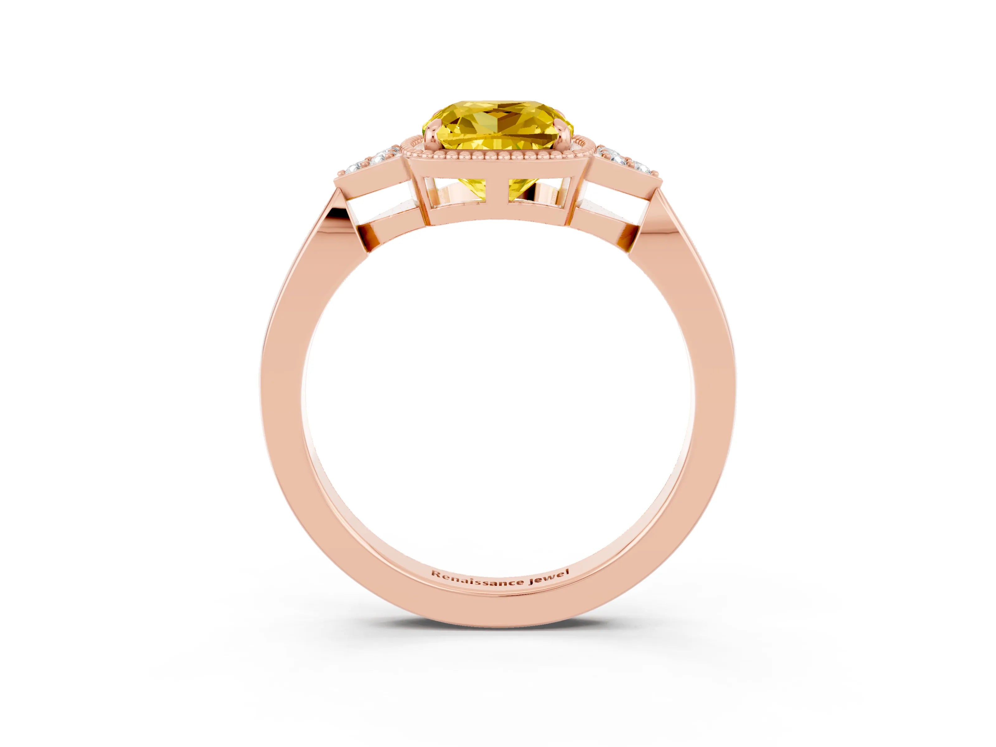 Rose gold Cushion Cut Yellow Sapphire Halo Ring with Tapered Band and Four-Prong Setting_3