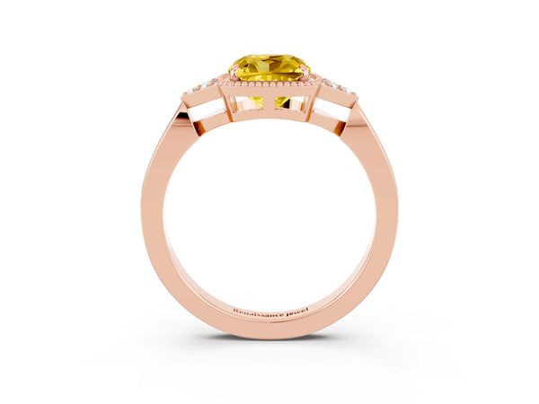 Rose gold Cushion Cut Yellow Sapphire Halo Ring with Tapered Band and Four-Prong Setting