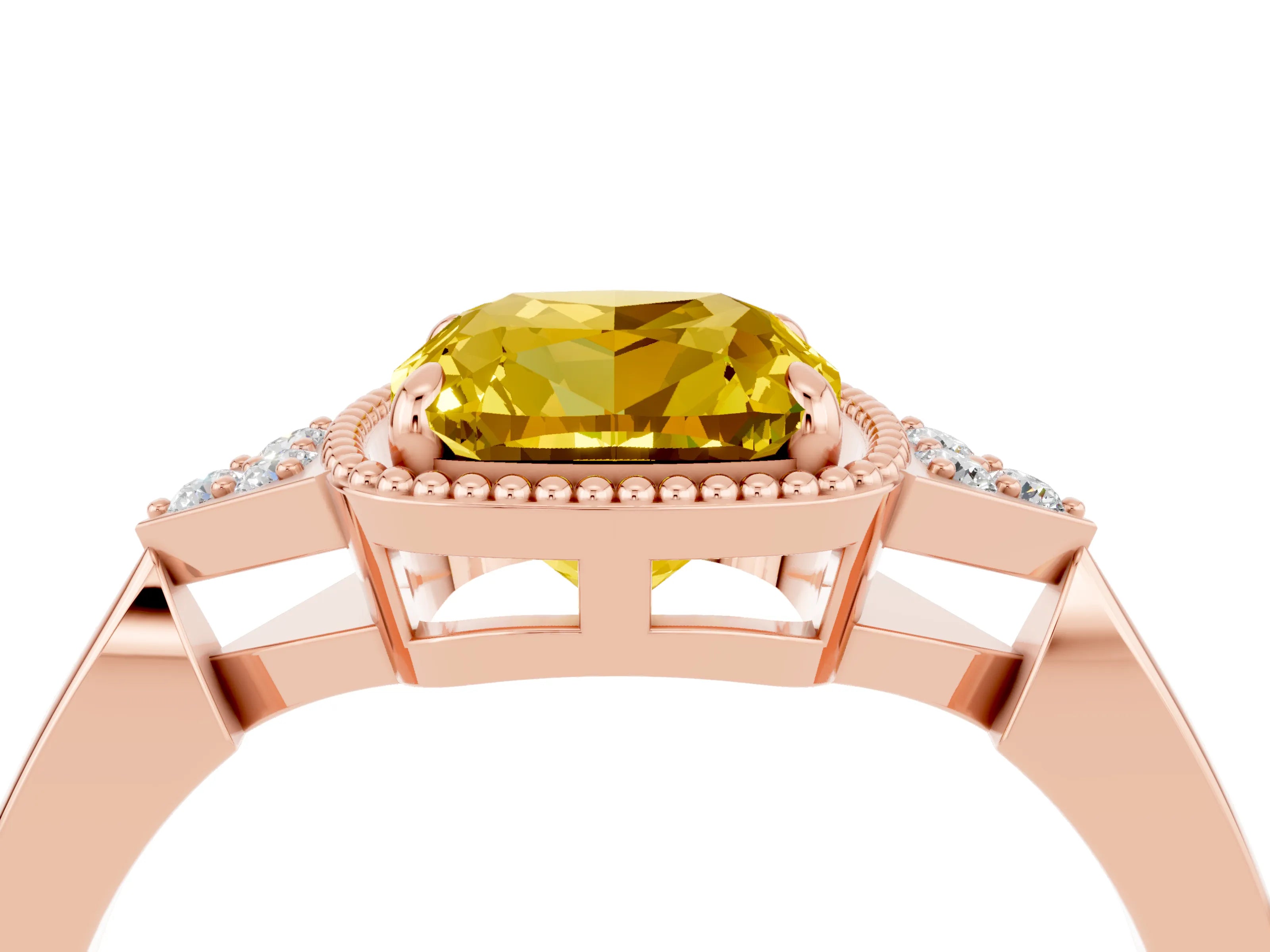 Rose gold Cushion Cut Yellow Sapphire Halo Ring with Tapered Band and Four-Prong Setting_4