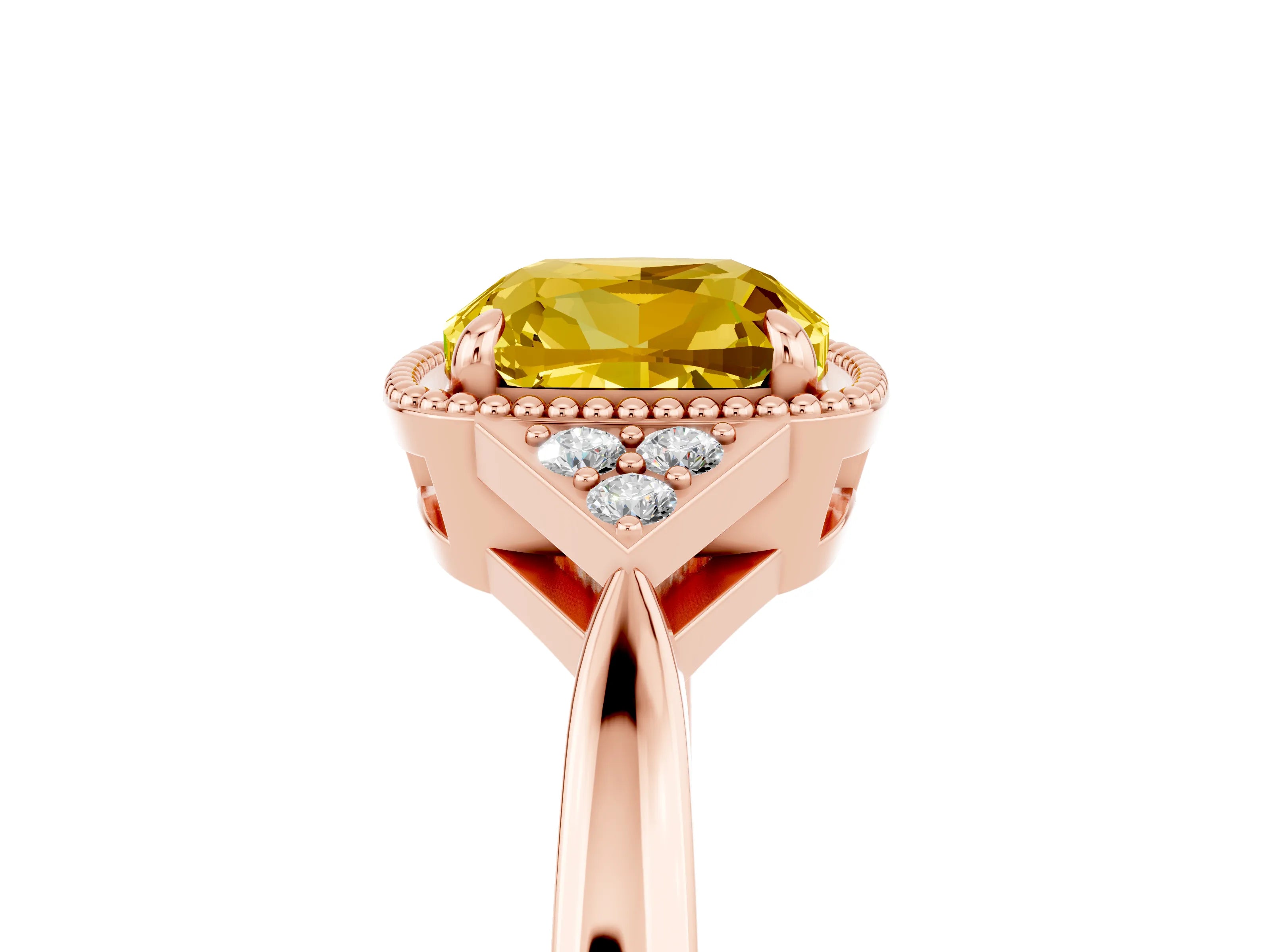 Rose gold Cushion Cut Yellow Sapphire Halo Ring with Tapered Band and Four-Prong Setting_5