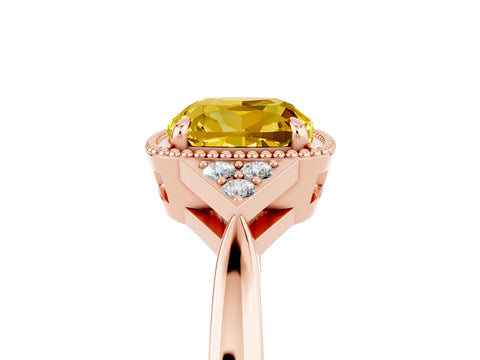 Rose gold Cushion Cut Yellow Sapphire Halo Ring with Tapered Band and Four-Prong Setting_5