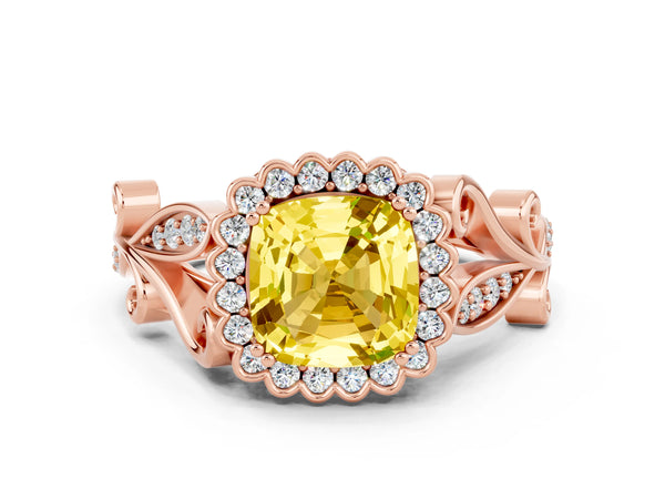 Rose gold Cushion Cut Yellow Sapphire Halo Ring with Vintage Split Shank and Four-Prong Setting