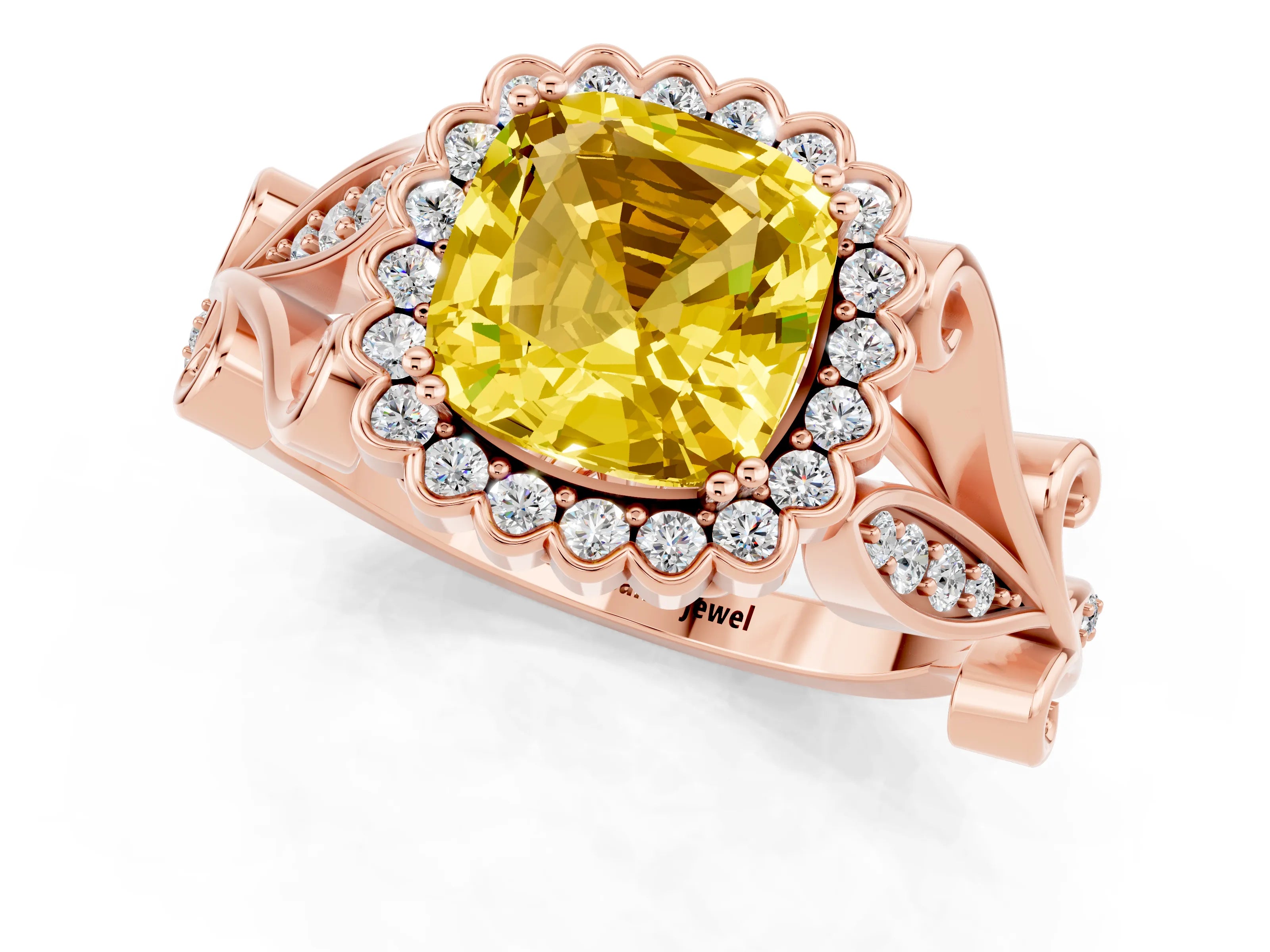 Rose gold Cushion Cut Yellow Sapphire Halo Ring with Vintage Split Shank and Four-Prong Setting_1