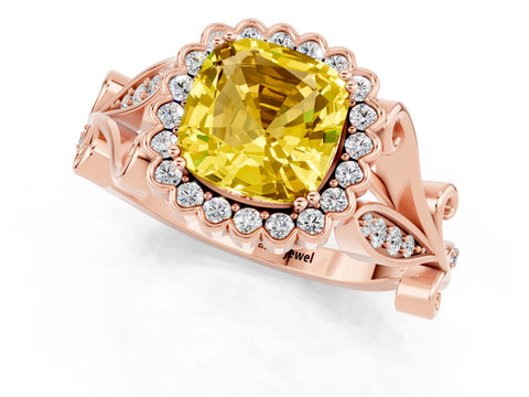 Rose gold Cushion Cut Yellow Sapphire Halo Ring with Vintage Split Shank and Four-Prong Setting_1