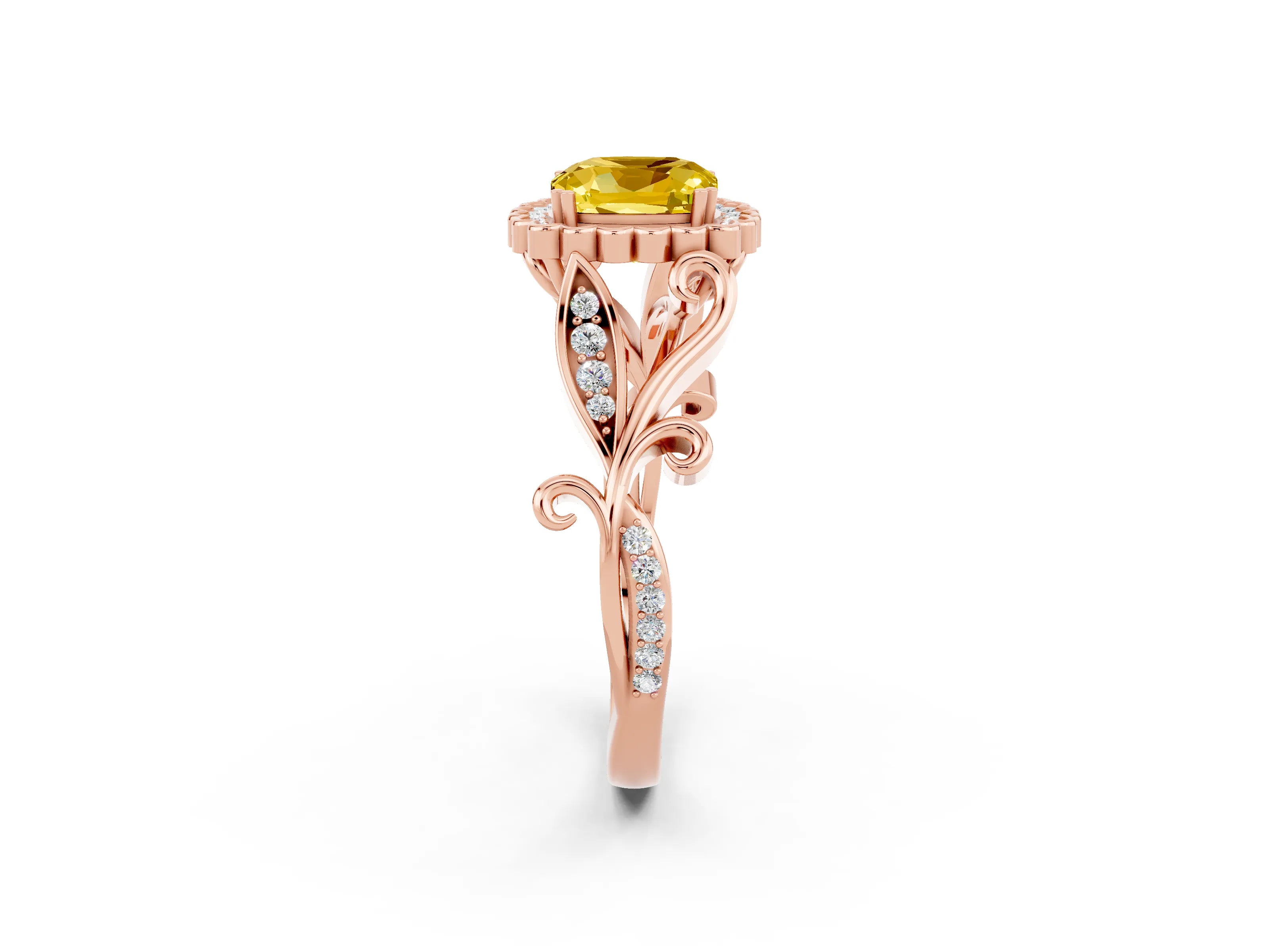Rose gold Cushion Cut Yellow Sapphire Halo Ring with Vintage Split Shank and Four-Prong Setting_2