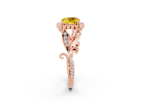 Rose gold Cushion Cut Yellow Sapphire Halo Ring with Vintage Split Shank and Four-Prong Setting_2