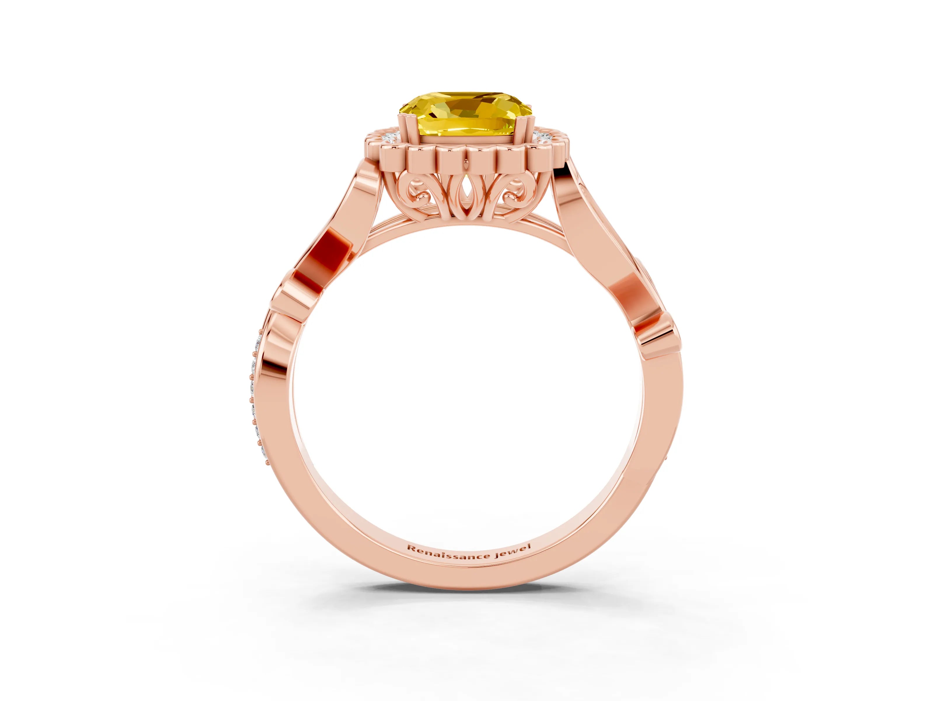 Rose gold Cushion Cut Yellow Sapphire Halo Ring with Vintage Split Shank and Four-Prong Setting_3