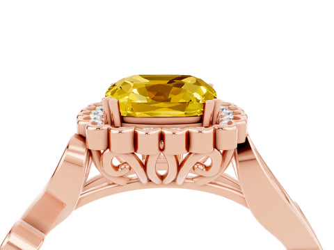 Rose gold Cushion Cut Yellow Sapphire Halo Ring with Vintage Split Shank and Four-Prong Setting_4