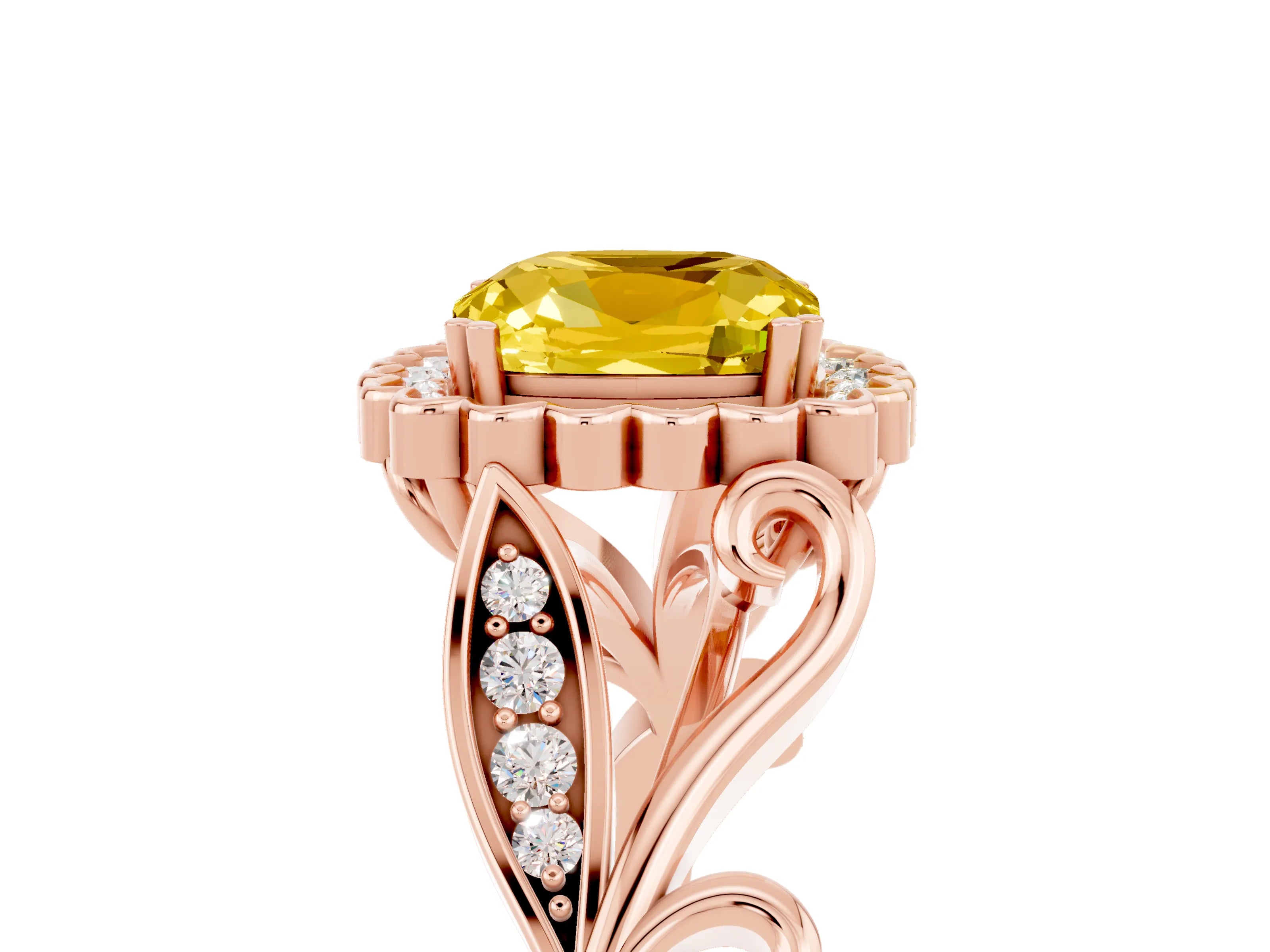 Rose gold Cushion Cut Yellow Sapphire Halo Ring with Vintage Split Shank and Four-Prong Setting_5
