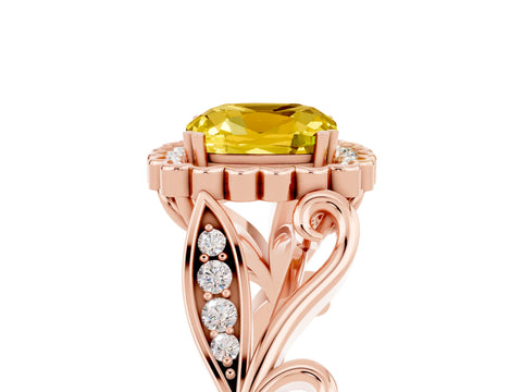 Rose gold Cushion Cut Yellow Sapphire Halo Ring with Vintage Split Shank and Four-Prong Setting_5