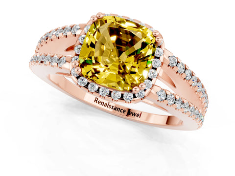 Rose gold Cushion Cut Yellow Sapphire Halo Split Shank Engagement Ring_13