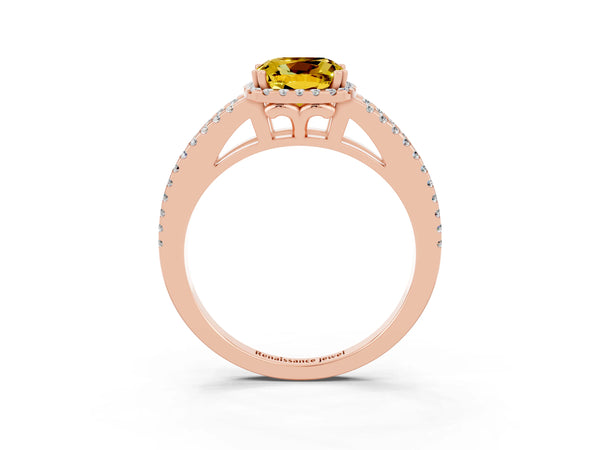 Rose gold Cushion Cut Yellow Sapphire Halo Split Shank Engagement Ring