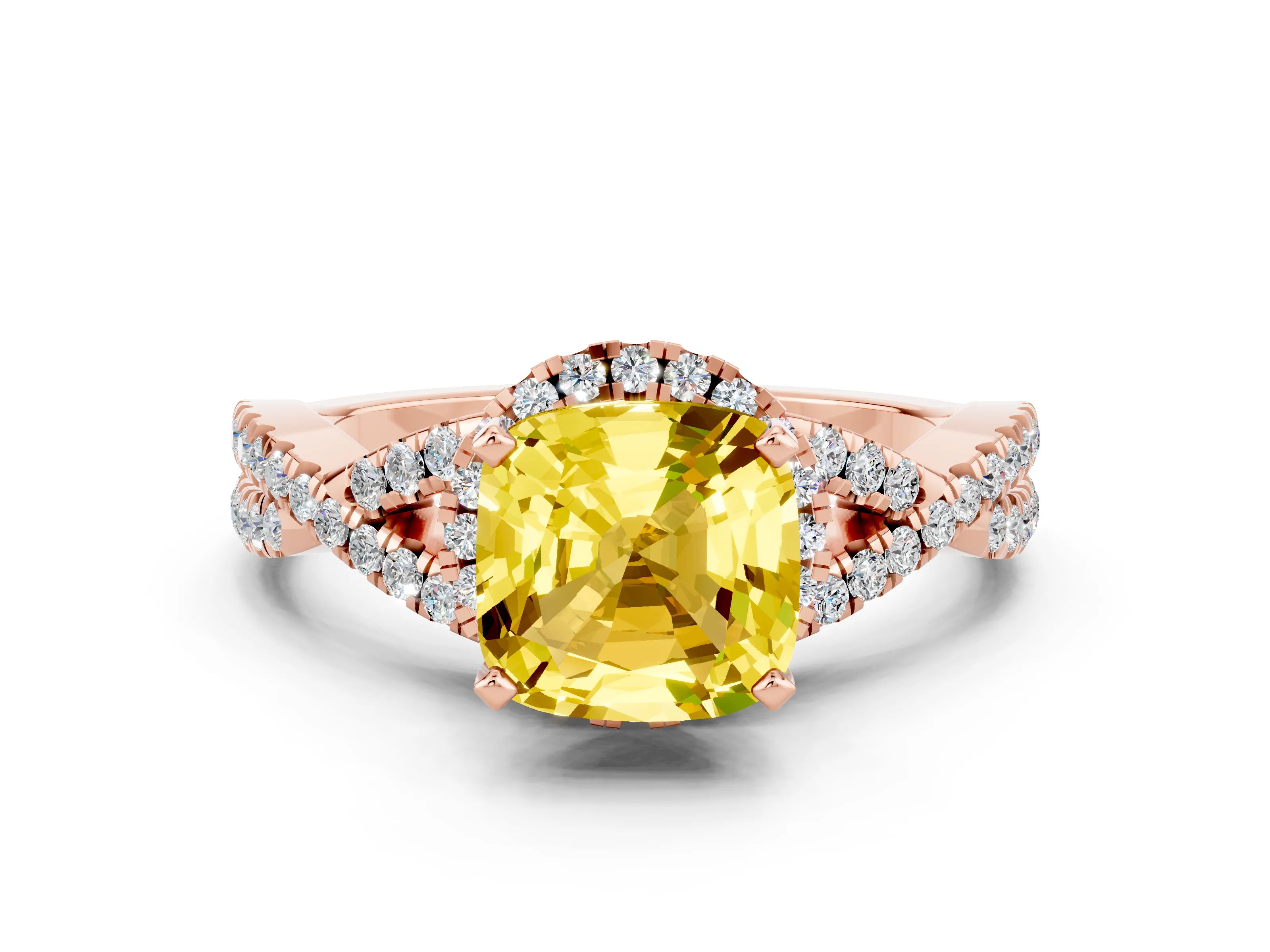 Rose gold Cushion Cut Yellow Sapphire Halo Twist Band Solitaire Prong Setting Ring_24