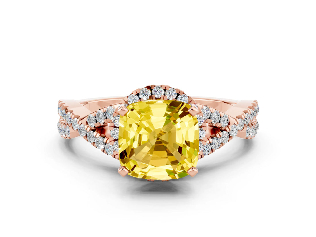 Rose gold Cushion Cut Yellow Sapphire Halo Twist Band Solitaire Prong Setting Ring_24